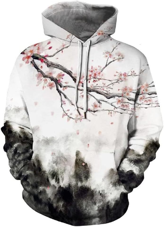 Hoodie for Mens Womens White Cherry Blossom Hoodies for Men Women Fashion 3D Print Hooded Sweatshirt Pullover Hoodie Jacket Graphic