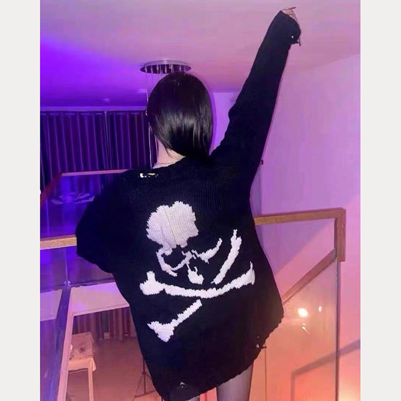 Skull Print Loose Knit Wool Sweater | Men's Streetwear Sweaters