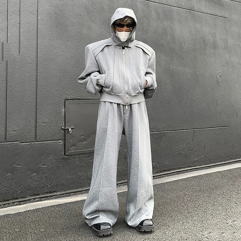 IEFB Sport Mens Suit Two-piece Zipper Shoulder Pad Short Hoodies Straight Sweatpants Loose Casual Male Set Fashion 9C7048 240902