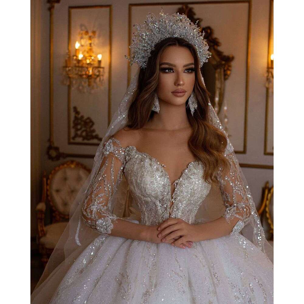 Wedding FATAPAESE Princess Dresses Strapless Beading Illusion Sleeve Sweatheart Dress Fluffy Bride V Necke Gown