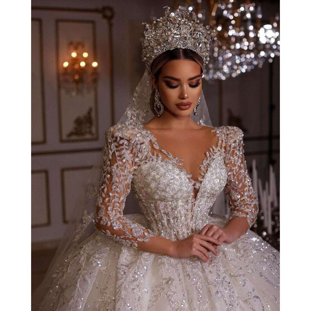 Wedding FATAPAESE Dress Princess Dresses V Neck Beading Illusion Ral Sleeve Sparkly Crystal Fluffy Skirt Bride Gown Es