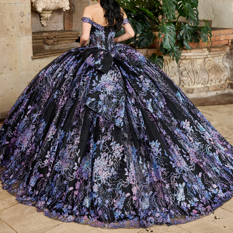 Black Shiny Quinceanera Dress Off The Shoulder Princess Sequin Applique Lace Beads Crystal Bow Tull Sweet 16 Birthday Party Vestido De 15 Anos