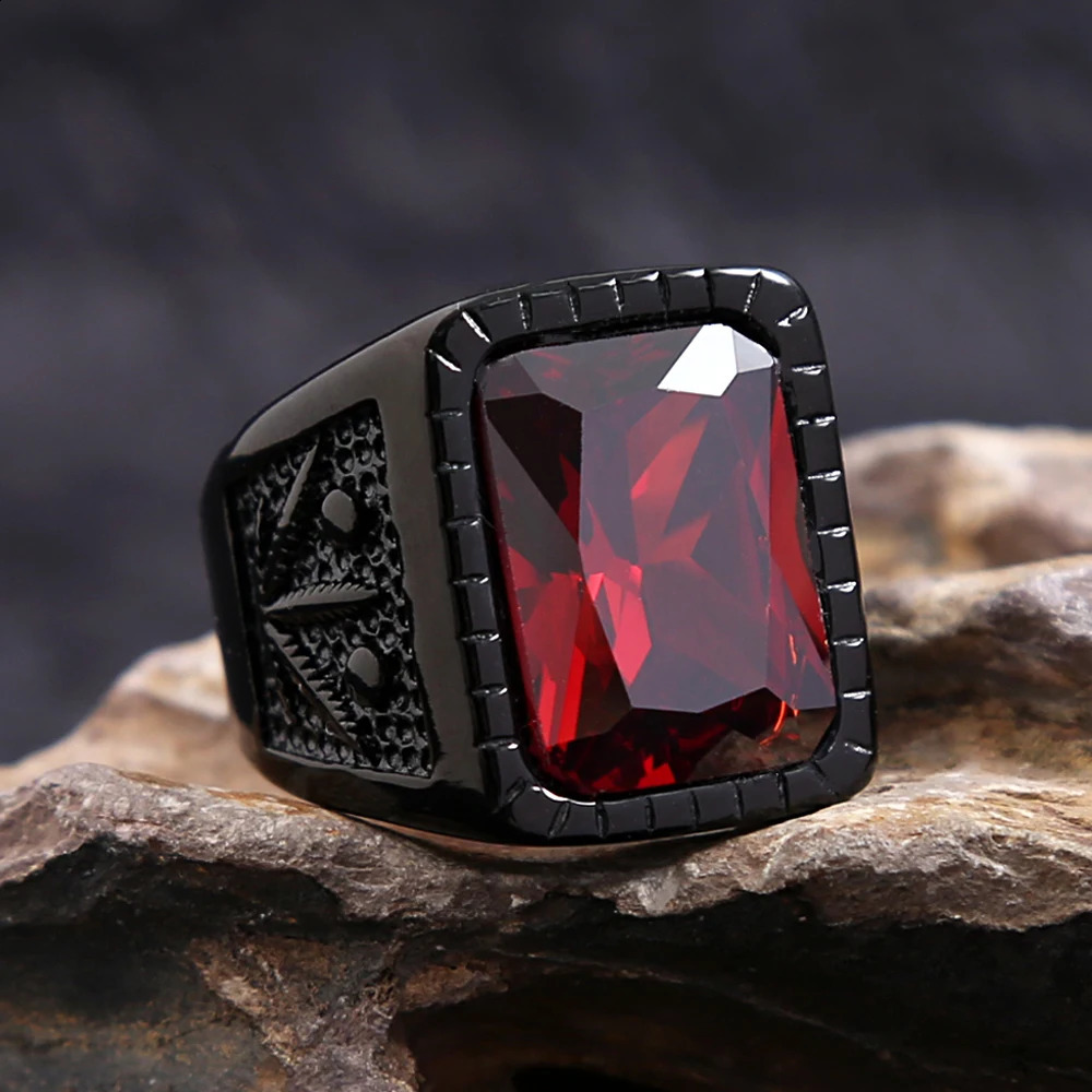 Fashion stainless steel natural redstone square ring punk bicycle black leaf shaped ring mens party jewelry gift wholesale 240905