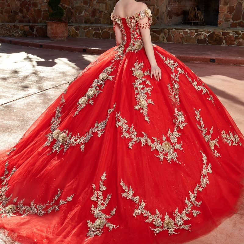 Red Shiny Princess Ball Gown Quinceanera Dresses Off The Shoulder Gold Applique Lace Beads Tull Sweet 16 Dress Vestido De 15 Anos