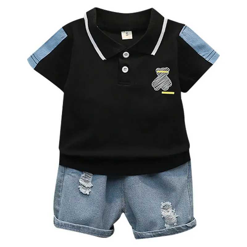 Summer new boy cartoon printed round neck T-shirt casual sports jeans short sleeved set 0-5 years old pure cotton baby set W240824