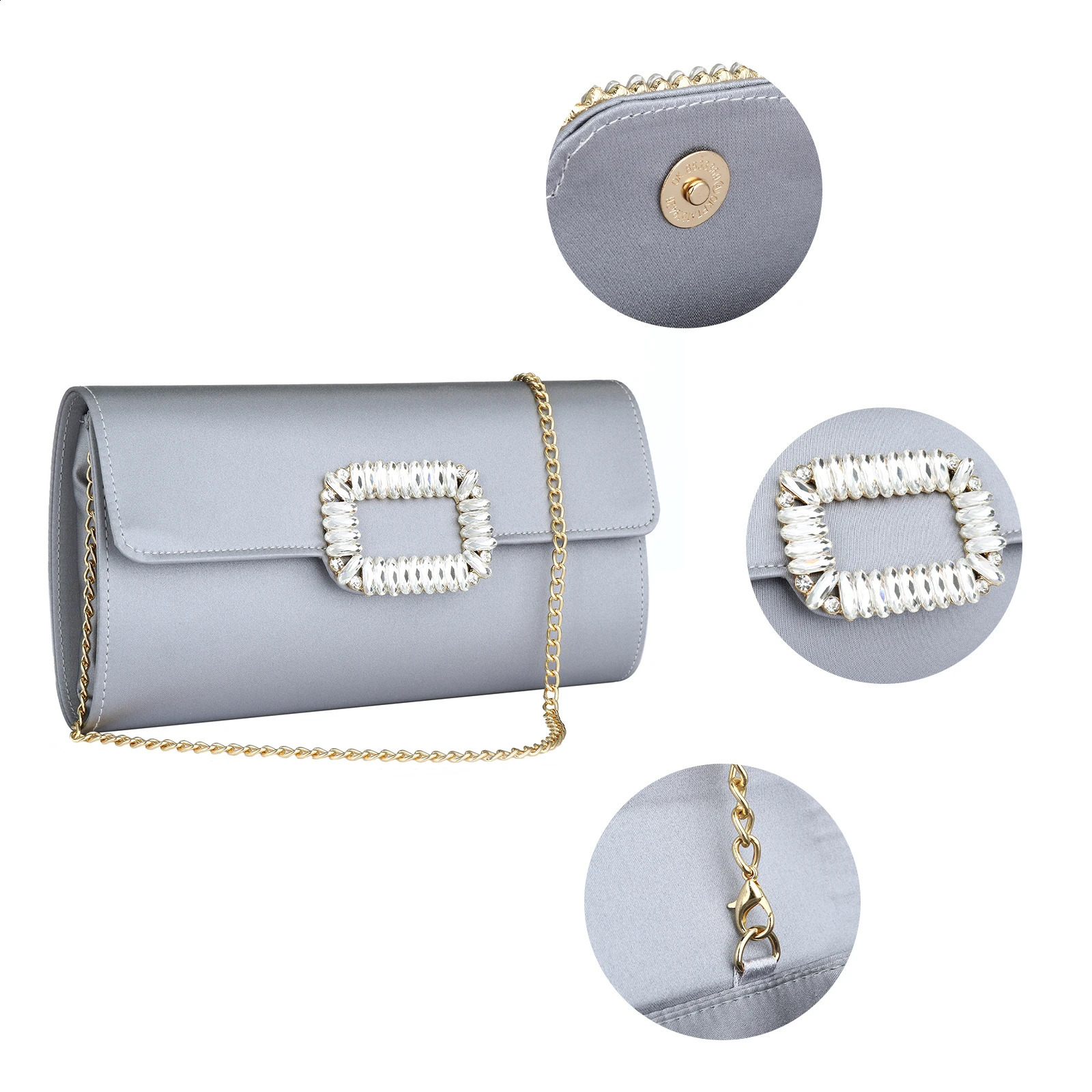 Satin envelope evening clutch and wallet womens retro high-quality rhinestone box clutch with chain party shoulder bag 240904