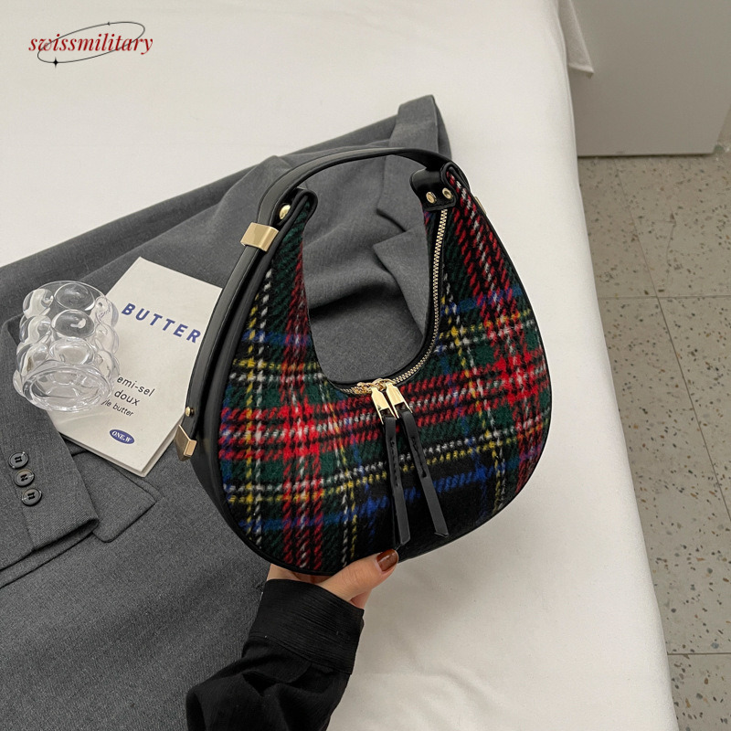 Swissmilitary Niche Design Women's Autumn/Winter 2024 New Fashion Plaid Handheld Shoulder Premium Woolen Crescent Bag #26