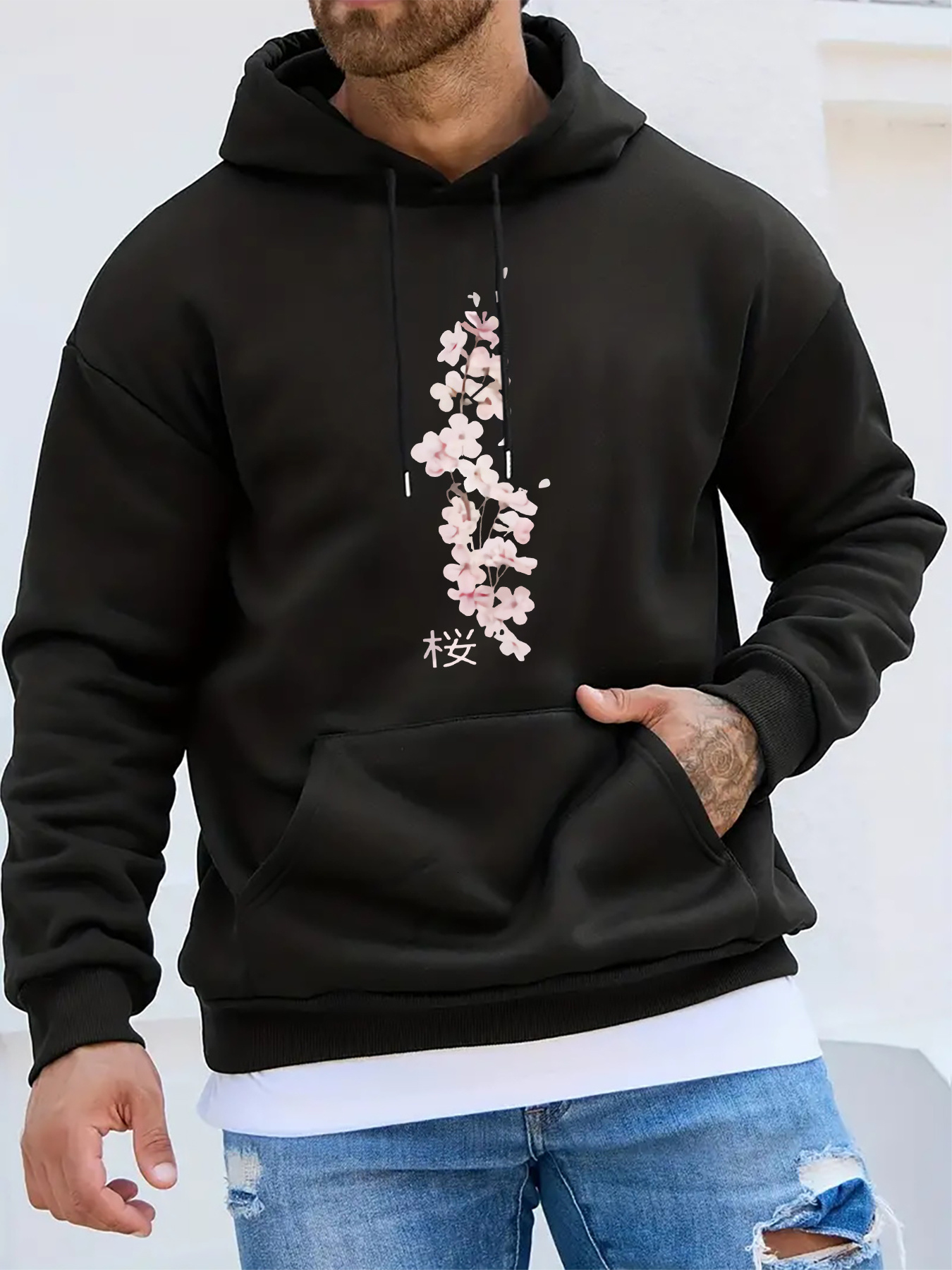 Sakura Blossoms Print, Men's Casual Cozy Hoodies, Trendy Long Sleeve Hooded Sweatshirt, Perfect Versatile Top For Autumn Winter