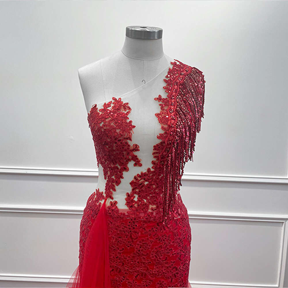 Red Charming Lace Evening Dreses One Shoulder Beading Sequined Mermaid Long Formal Prom Party Gowns Women Vestido De Fiesta