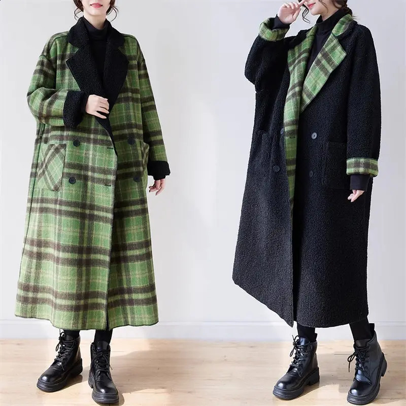 Oversized Womens Reversible Jacket Winter Plush Thickened Plaid Woolen Coat Vintage Long Loose Green Overcoat Windbreaker Z3460 240830