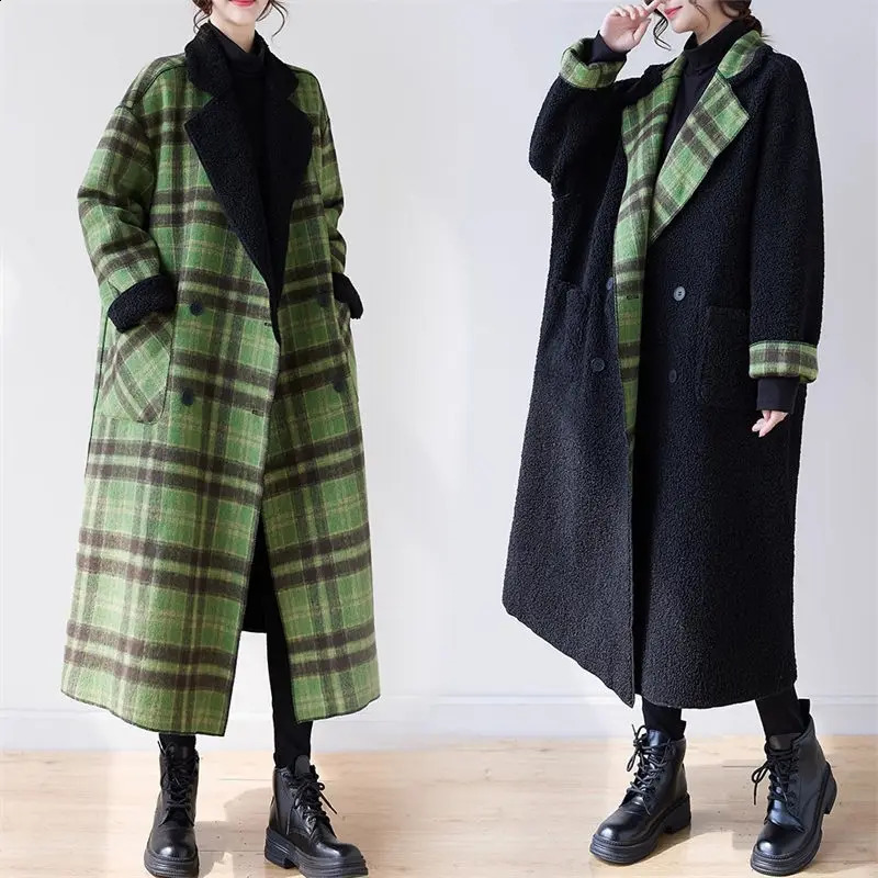 Oversized Womens Reversible Jacket Winter Plush Thickened Plaid Woolen Coat Vintage Long Loose Green Overcoat Windbreaker Z3460 240830