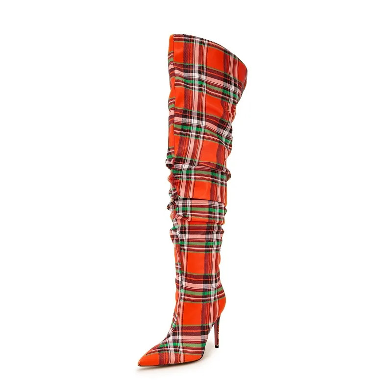 European And American High-Heeled Color Blocked Checkered Fabric Knee High Sleeve For Women's Fashionable Banquet Boots