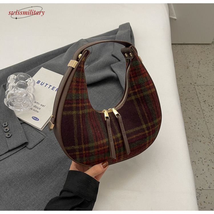 Swissmilitary Niche Design Women's Autumn/Winter 2024 New Fashion Plaid Handheld Shoulder Premium Woolen Crescent Bag #26