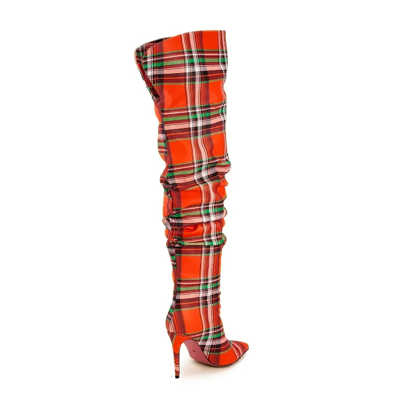 European And American High-Heeled Color Blocked Checkered Fabric Knee High Sleeve For Women's Fashionable Banquet Boots