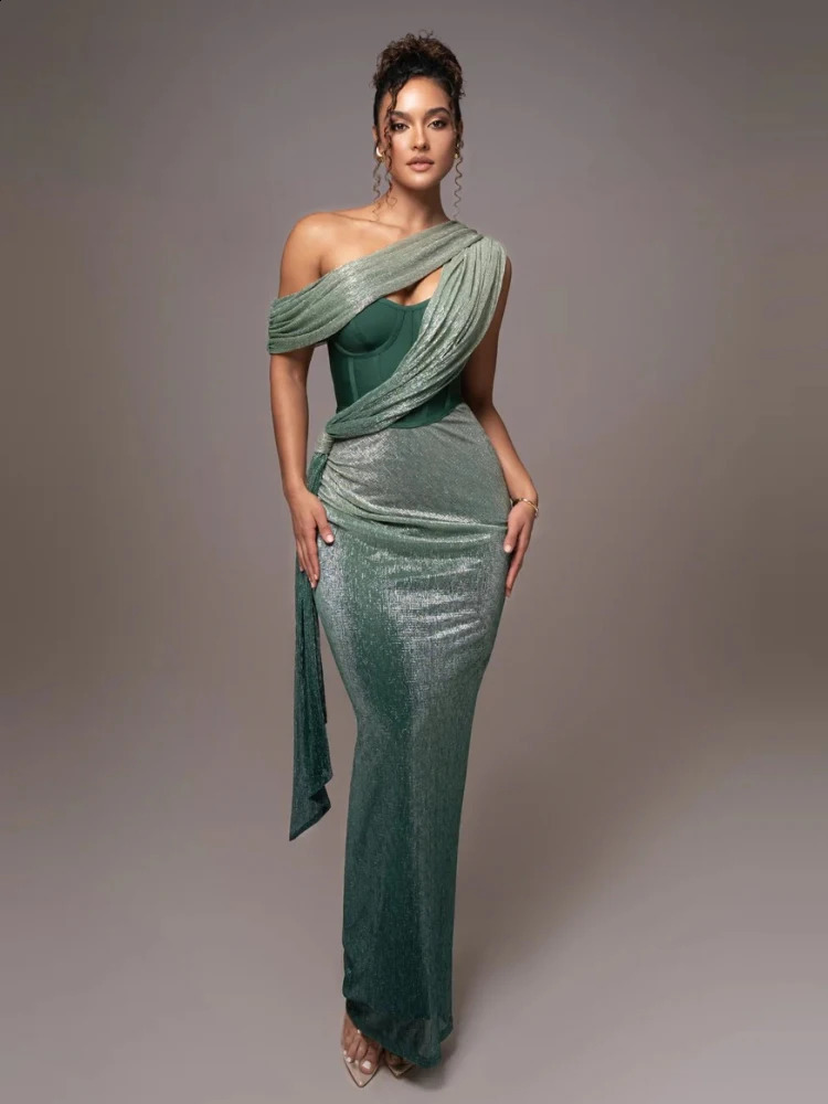 Sexy single shoulder strap sparkling long skirt womens brown tight corset sparkling backless Maxi dress evening dress party dress 240904