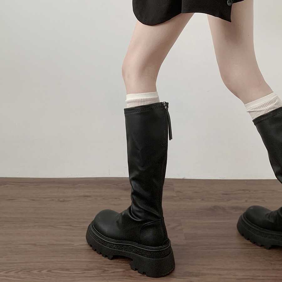 Black French Style Martin Boots Slim And Thick Soled Fashion Boots For Women Autumn High Knight Boots 240826