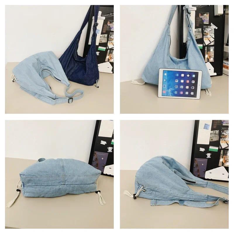 Totes Large Denim Women's Bag Canvas Shoulder Drawstring Messenger Y2K Eco Shopper Korean Satchel Pocket Jeans Handbag