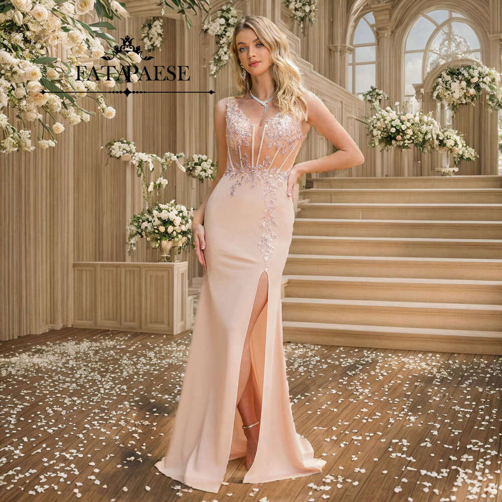 FATAPAESE In Stock Evening Dress Adorned with Beads Pearls Sequins V-necke Corest High-slit or-length Gown