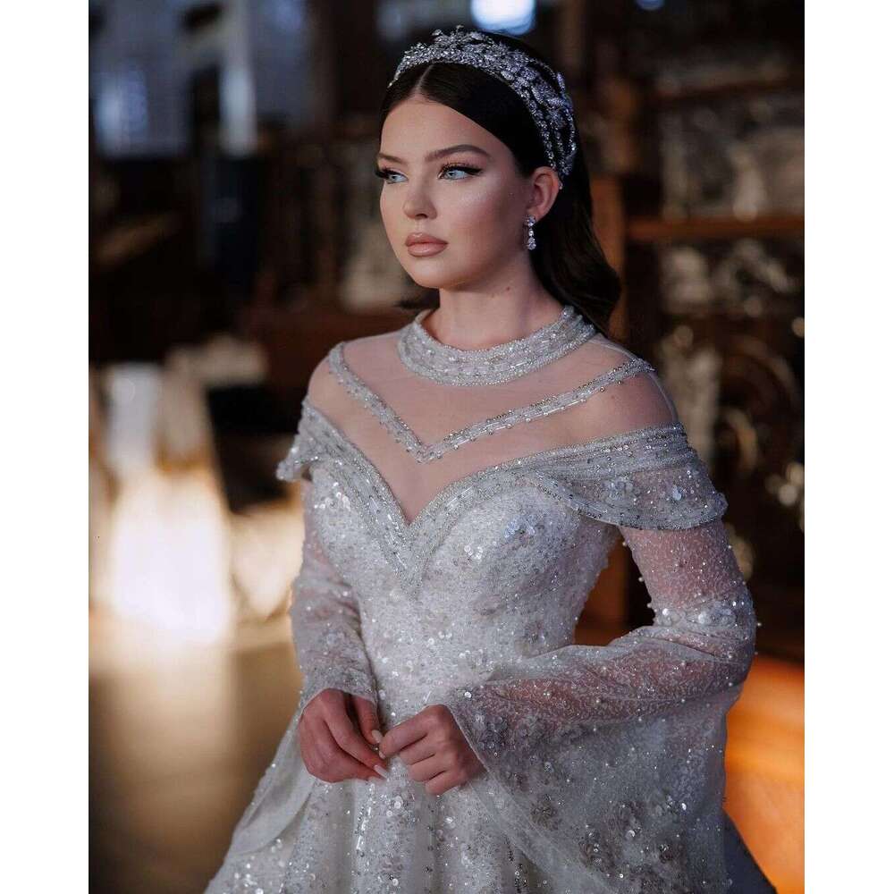 FATAPAESE Wedding Dress Princess Gown Beading Crystal Stons Illusion Flare Sleeve with Cape V-Neck Fluffy Skirt Bride