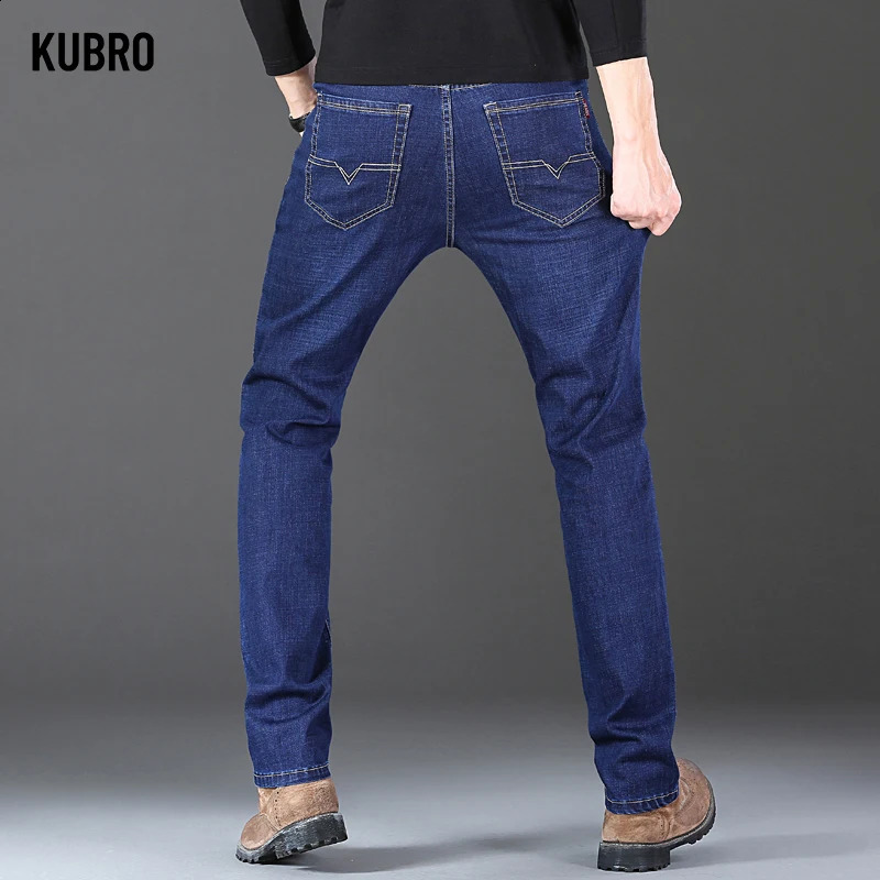 KUBRO mens thick winter pants straight blue jeans pockets casual work denim high elasticity wide leg selling 240905