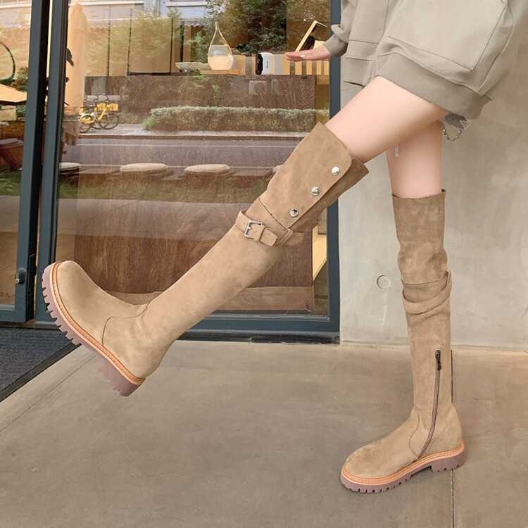 Rivet Slimming Knee Thigh High Fashion Boots For Women Model Thick Heel Martin Boots Two In One High Leg Western Knight Boots 240826