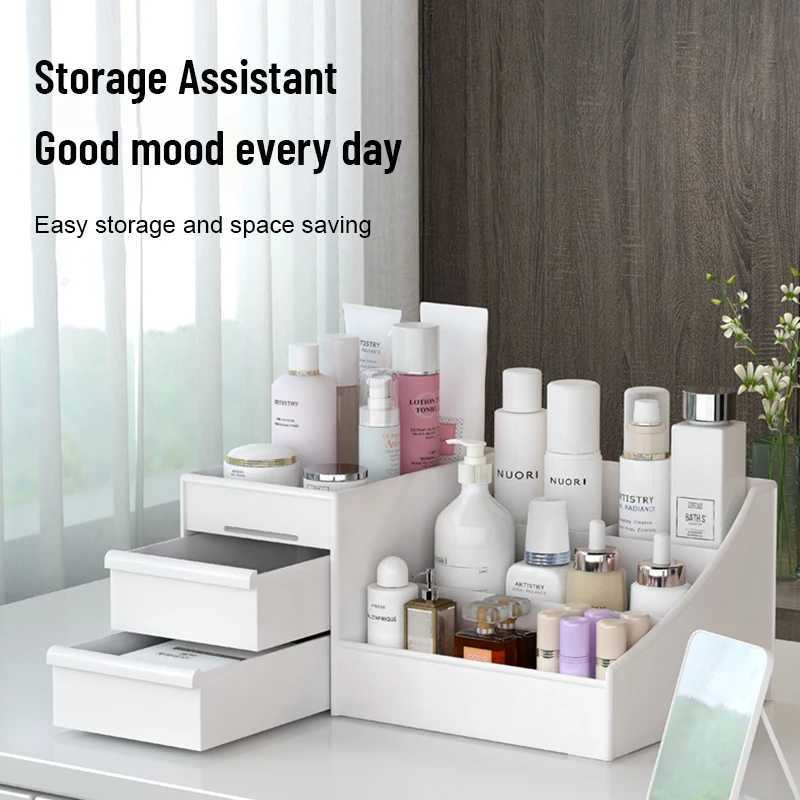 1pc White New Drawer Makeup Storage Box Dormitory Finishing Plastic Shelf Cosmetics Skin Care Dressing Table Desktop Y240906