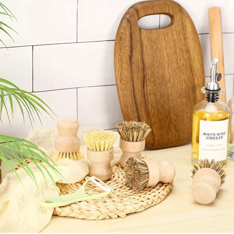 Dish Round Handle Pot Wood Brush Household Sisal Palm Bamboo Kitchen Chores Rub Cleaning Brushes es
