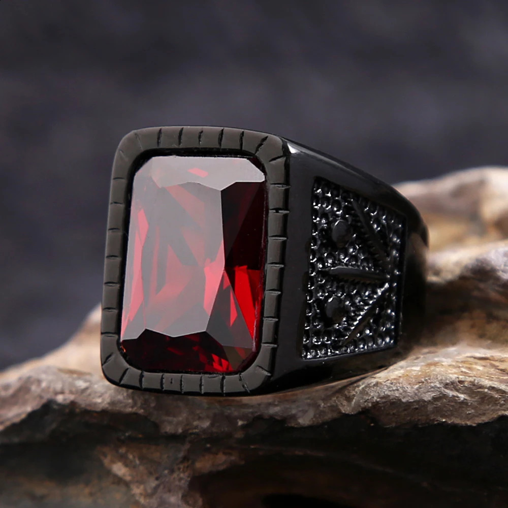 Fashion stainless steel natural redstone square ring punk bicycle black leaf shaped ring mens party jewelry gift wholesale 240905