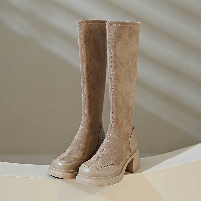 Thick Soled Long Tube Slim Martin Boots For Women Autumn New Style Fashion Boots Thick Heel High Tube Boots Look Slim Suede Elastic Long Tube Boots 24