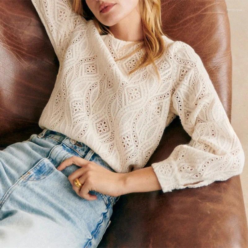 Womens Blouses Hollow Out Blouse Women Lace Patterned Round Neck Long Sleeve Temperament Straight Top Feminine Chemise Autumn 2024