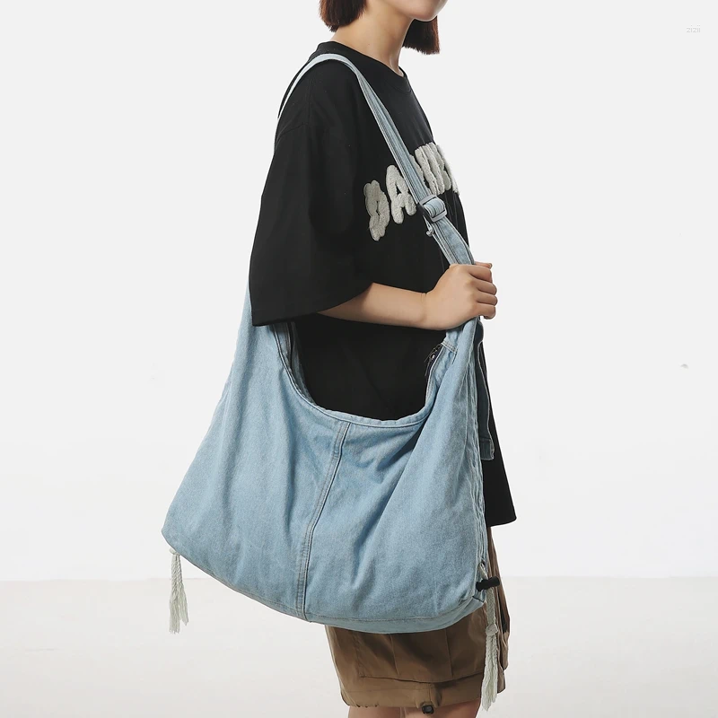 Totes Large Denim Women's Bag Canvas Shoulder Drawstring Messenger Y2K Eco Shopper Korean Satchel Pocket Jeans Handbag
