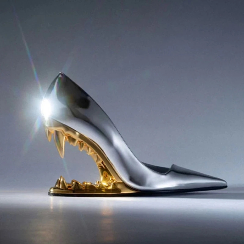 2024 Summer Spring Women High Heels Shoes Sexy Woman Metal Fangs Sandals Pointed Brand Peep Toe Pumps