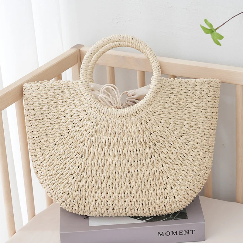 Summer Halfmoon Straw Bag For Women Handmade Portable Handbag Large Capacity Beach Basket Woven Tophandle Purse 241203