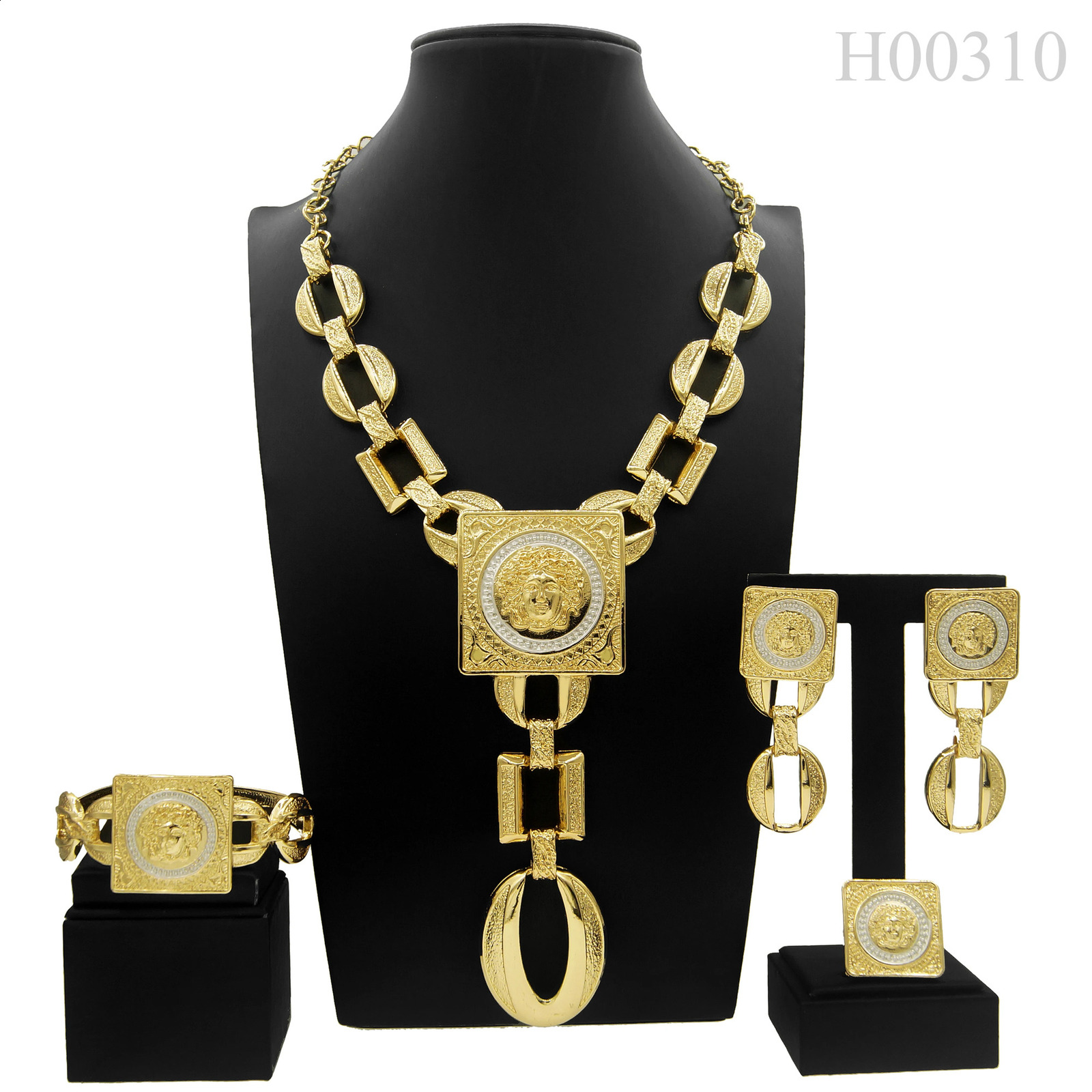 Fashion Ladies Necklace Jewelry Set Face Shape Chain Pendant Large Earrings Square Ring Gift Bijoux 240826 - view 5