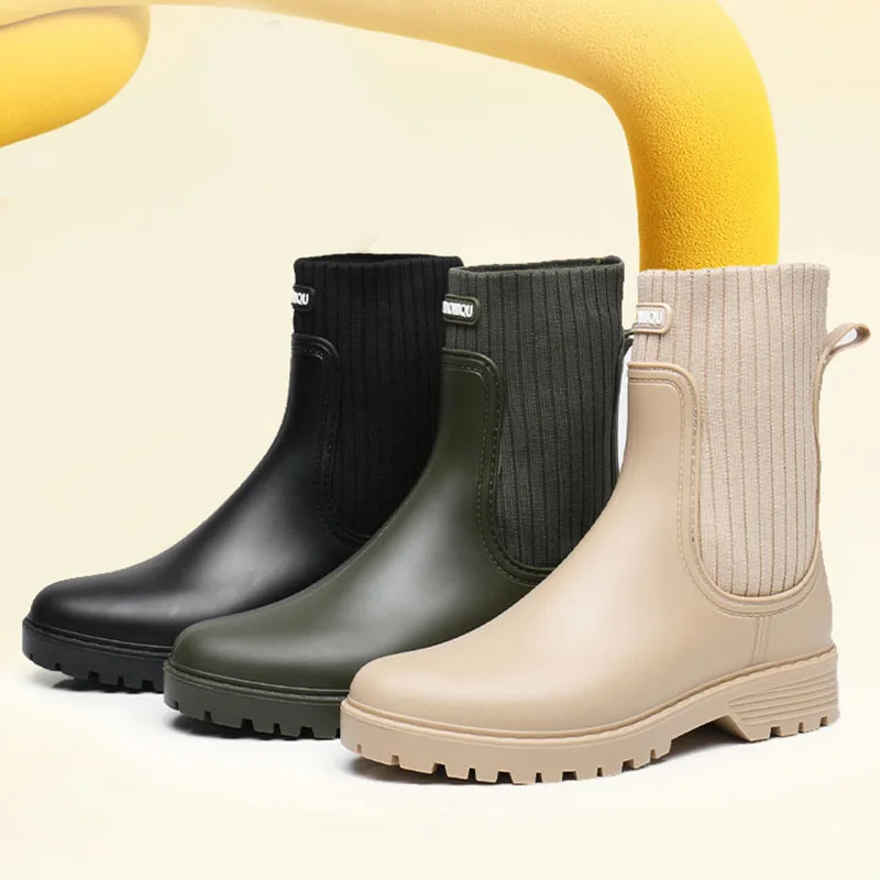 Women's Designer Waterproof Shoes Rainy Ladies Pink Fur Rubber Rainshoes Woman Galoshes Non-slip New Pull-on Rain Boots
