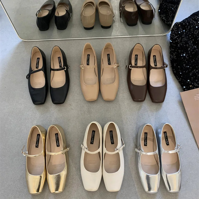 Womens Mary Janes Lolita Soft Sole Flats Vintage Kawaii Square Toes Sier Gold Leather Loafers Elegant Church Slippers 240904
