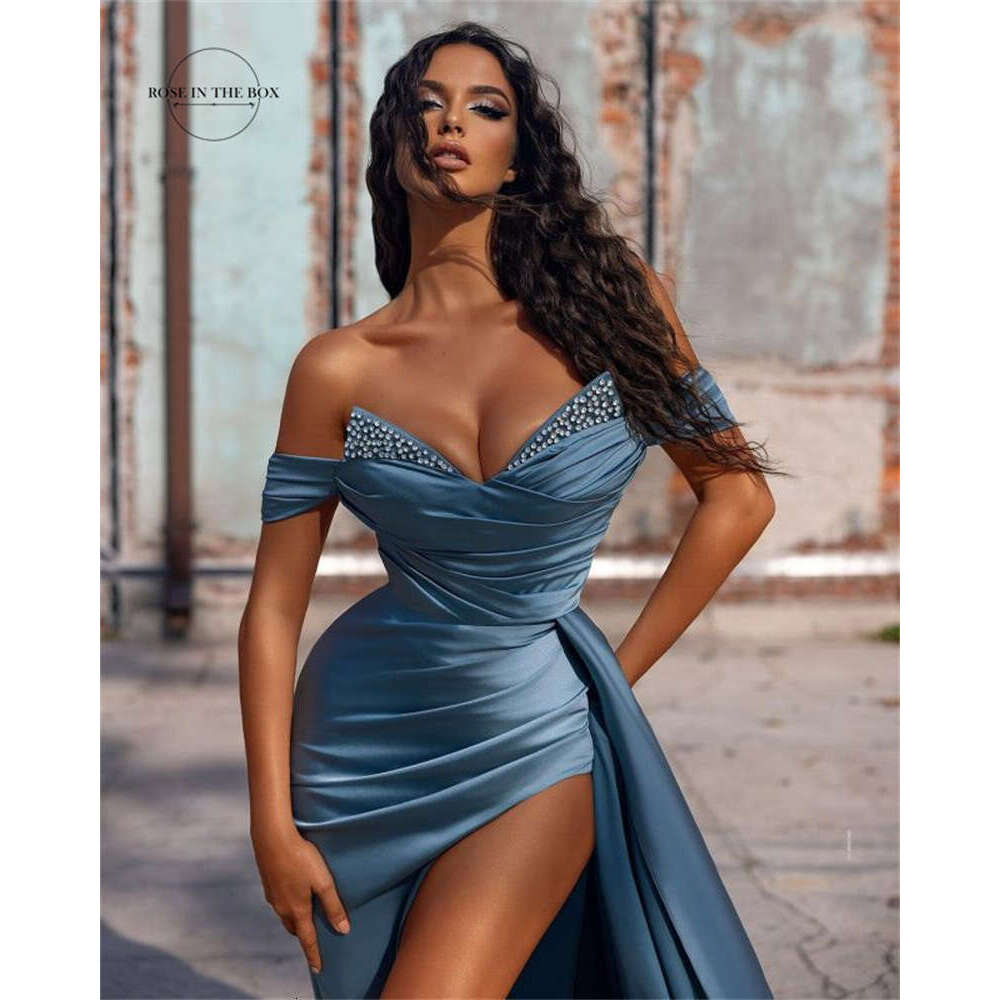 Elegant Side Slit Long Prom Dresses For Women 2024 African Beaded Satin Formal Evening Party Gowns Off-Shoulder Robe