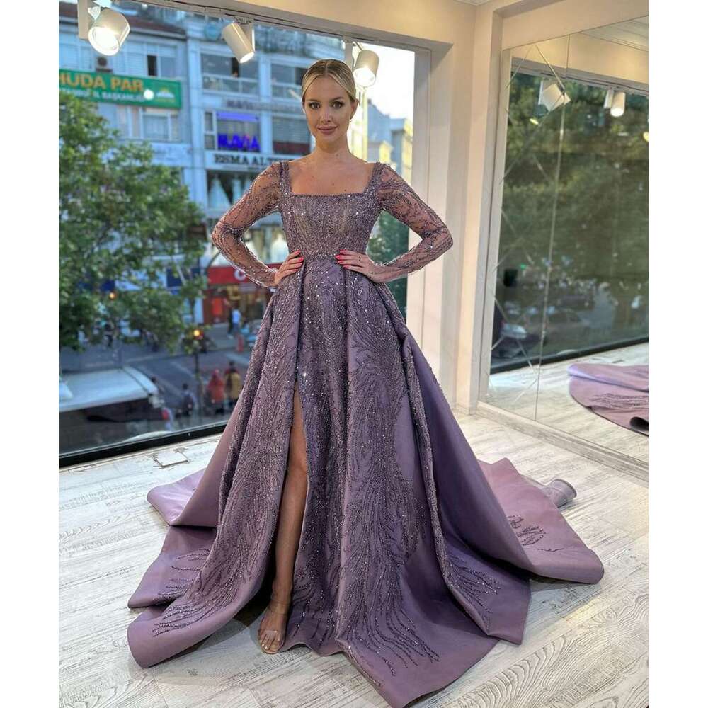 Purple Square Neck Wedding Dress Long Sleeves Backless Split Side Sweep Train Vintage Bridal Gown 0227Lz