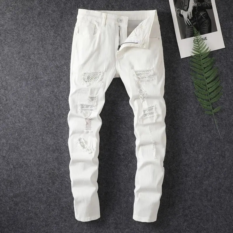Spring/Summer Selling Mens White Distressed Diamond Jeans Slim and Suitable for American Street Trendy Jeans 240905