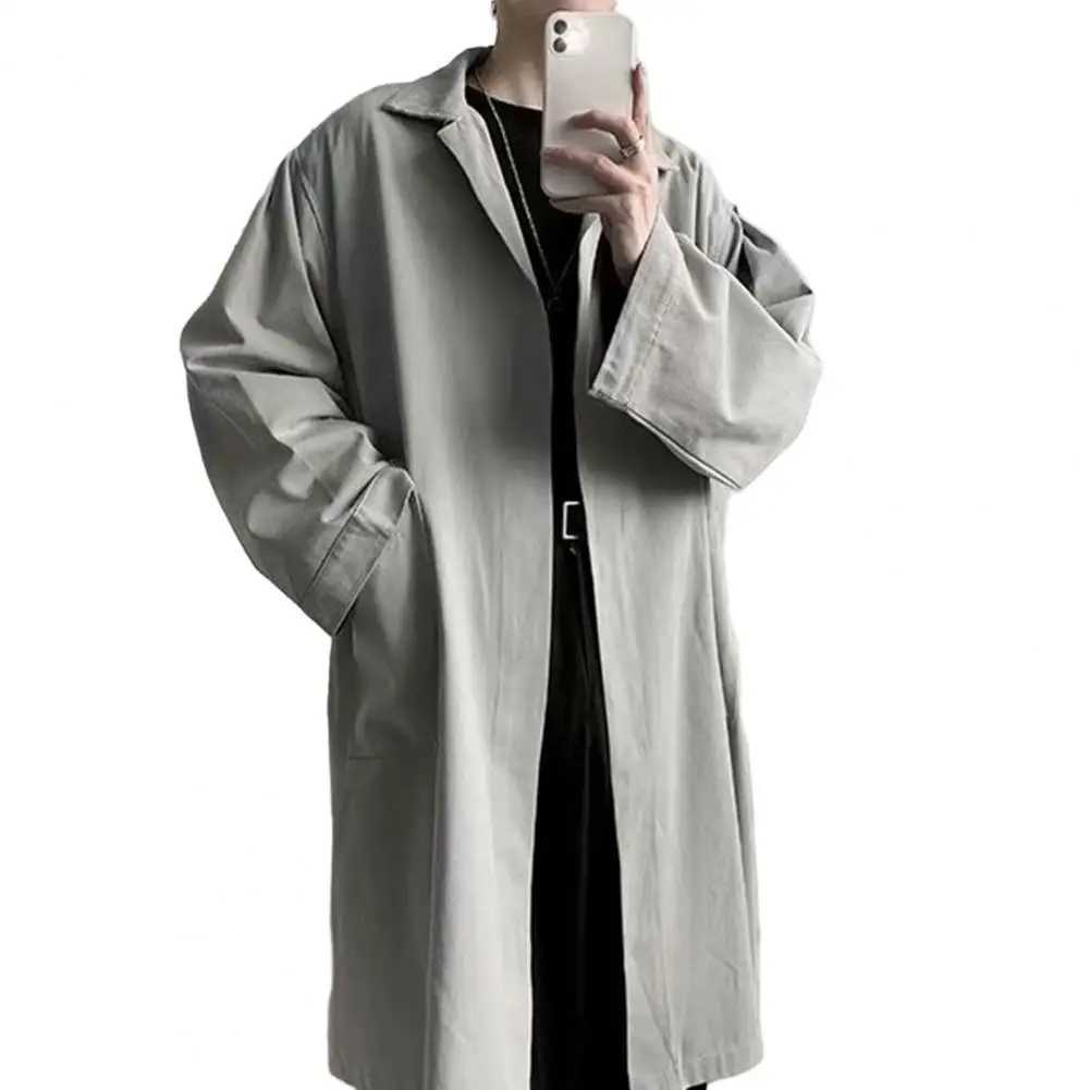 Mens long trench coat with lapel breathable windproof thin solid color mens spring and autumn coat W241228