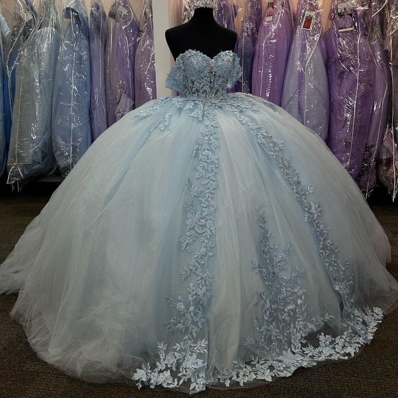 Sky Blue Princess Ball Gown Quinceanera Dresses Off The Shoulder Classic Applique Lace Beads Bow Tull Sweet 16 Dress Vestido 15 De