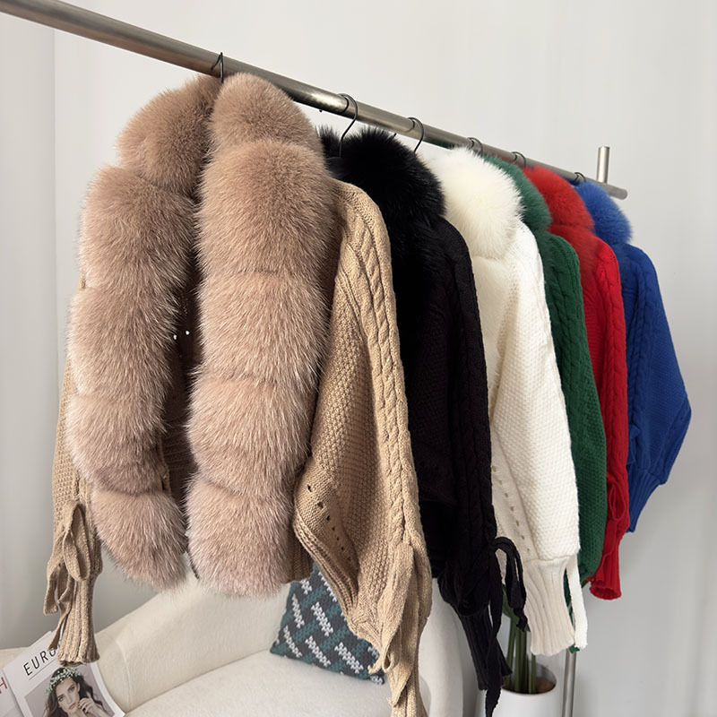 Womens Knitted jacket Fur collar coat White high-end Real fox hair Winter Women fashion short jacket