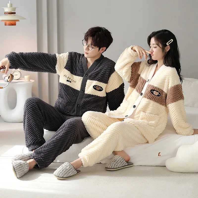 Couples Pajamas Sets Women Men Winter Flannel Thicken Pyjamas Sleepwear Cartoon Korean 2 Piece Homewear Soft Warm Pijama M240905
