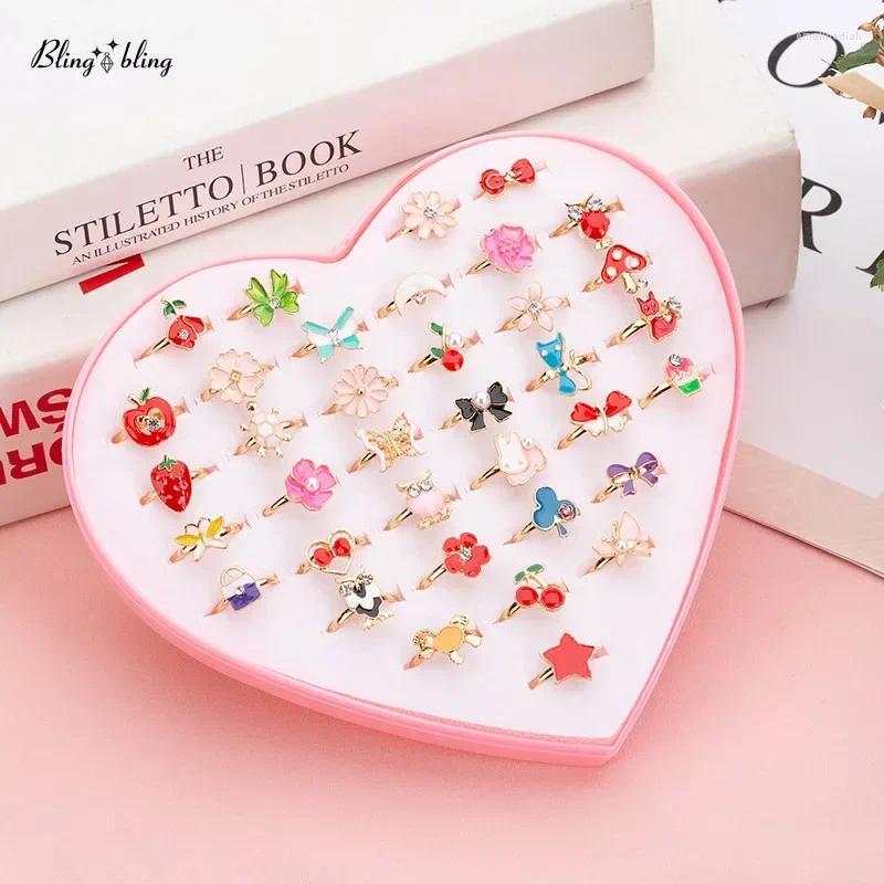 Cluster Rings 10 Pcs Adjustable Alloy Baby Girl With Heart Shaped Box Cartoon Mix Finger Jewellery Kid Girls Toys Random Color