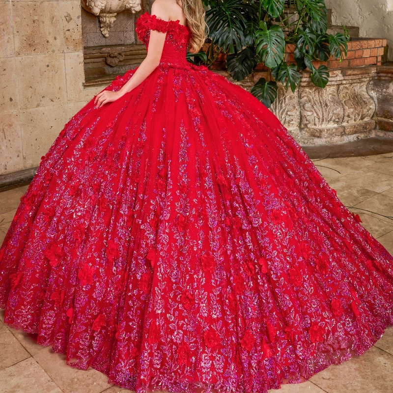 Red Shiny Princess Ball Gown Quinceanera Dresses Off The Shoulder Sequin Applique Lace Beads Tull Sweet 16 Dress Vestido De 15Anos