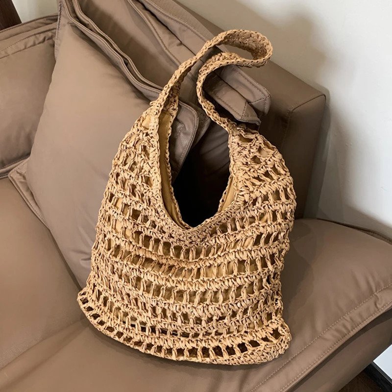 Summer Women Beach Tote Handbags Rattan Crochet Shoulder Bag Casual Commute Vintage Straw Woven 240905