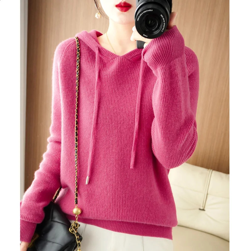 High quality cashmere hooded sweater for women loose knitted thick 240905