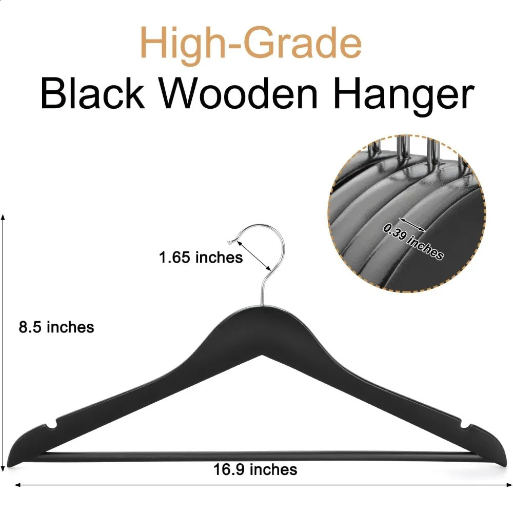 Wooden Coat Hangers 30 Pack Black Wood Suit 360° Swivel Hook and NonSlip Shoulder Notches for Camisole 240904