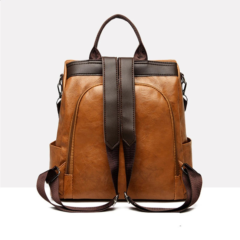 Vintage Pu Leather Backpack Shoulder Bags For Women Retro Large Capacity Student Knapsack High Quality Travel Rucksack 240905Z