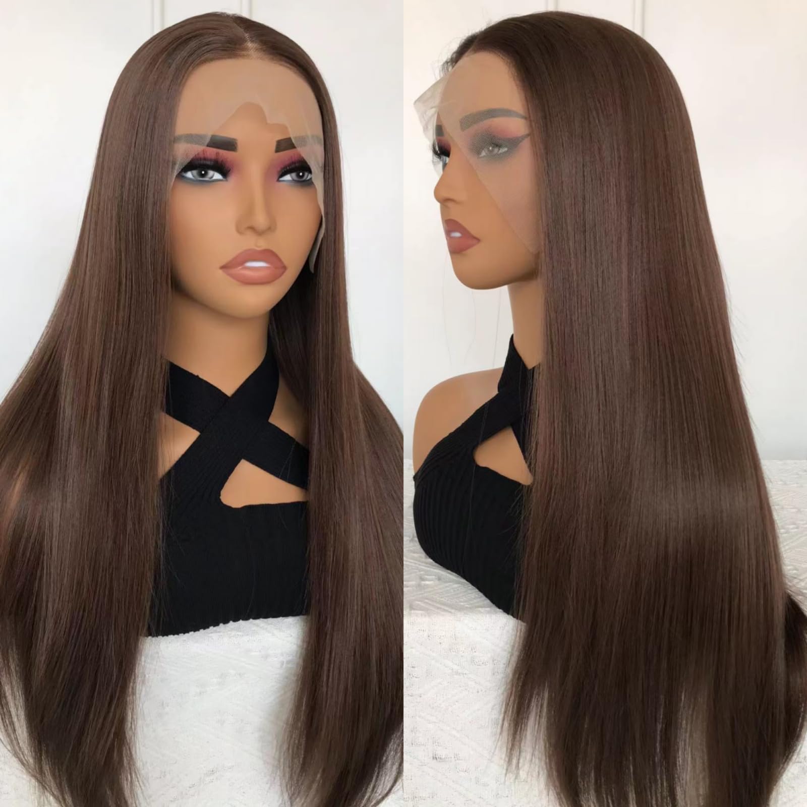 Europe, America and Africa women's wig 13*4 front lace brown mid-length straight hair wig brown synthetic wig set